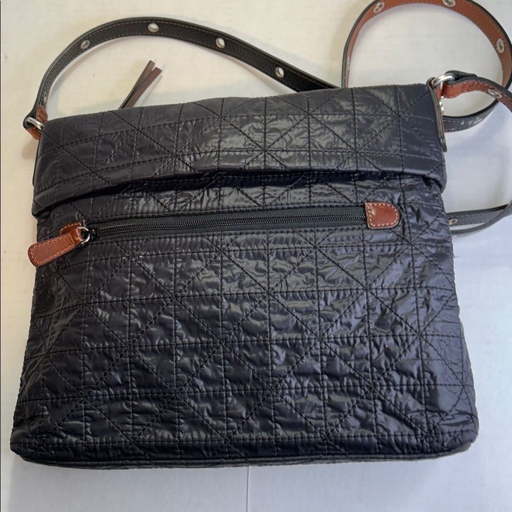 BRIGHTON BLACK QULTED PARACHUTE NYLON BROWN LEATHER CROSSBODY BAG - Picture 5 of 16
